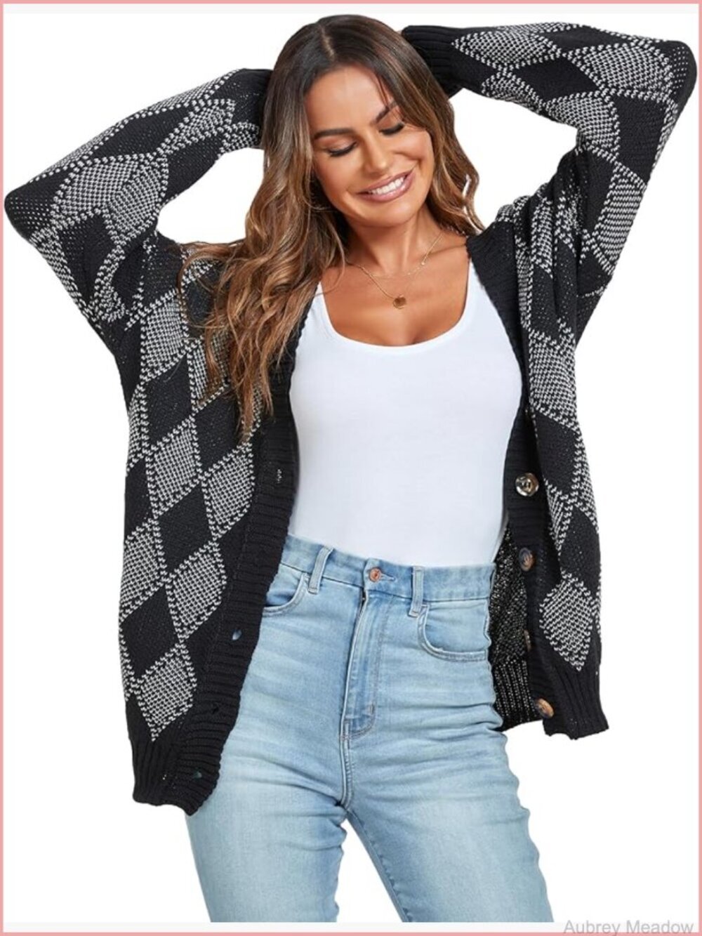 Argyle Plaid Button Down Chunky Knit Cardigan Sweater Women